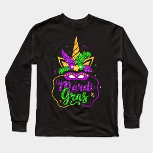 Unicorn Face Mask Happy Mardi Gras 2024 Long Sleeve T-Shirt